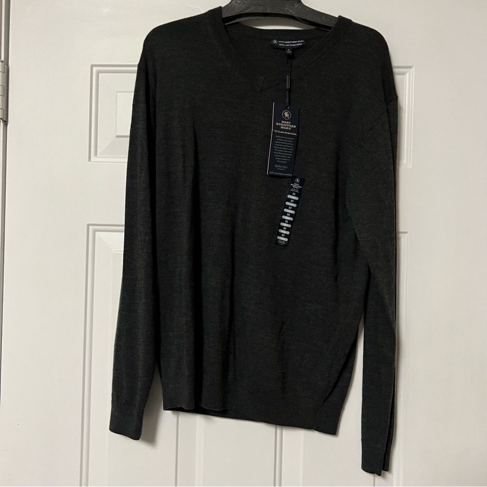 NWT Hart Schaffer Marx v neck charcoal gray woven merino wool classic sweater M